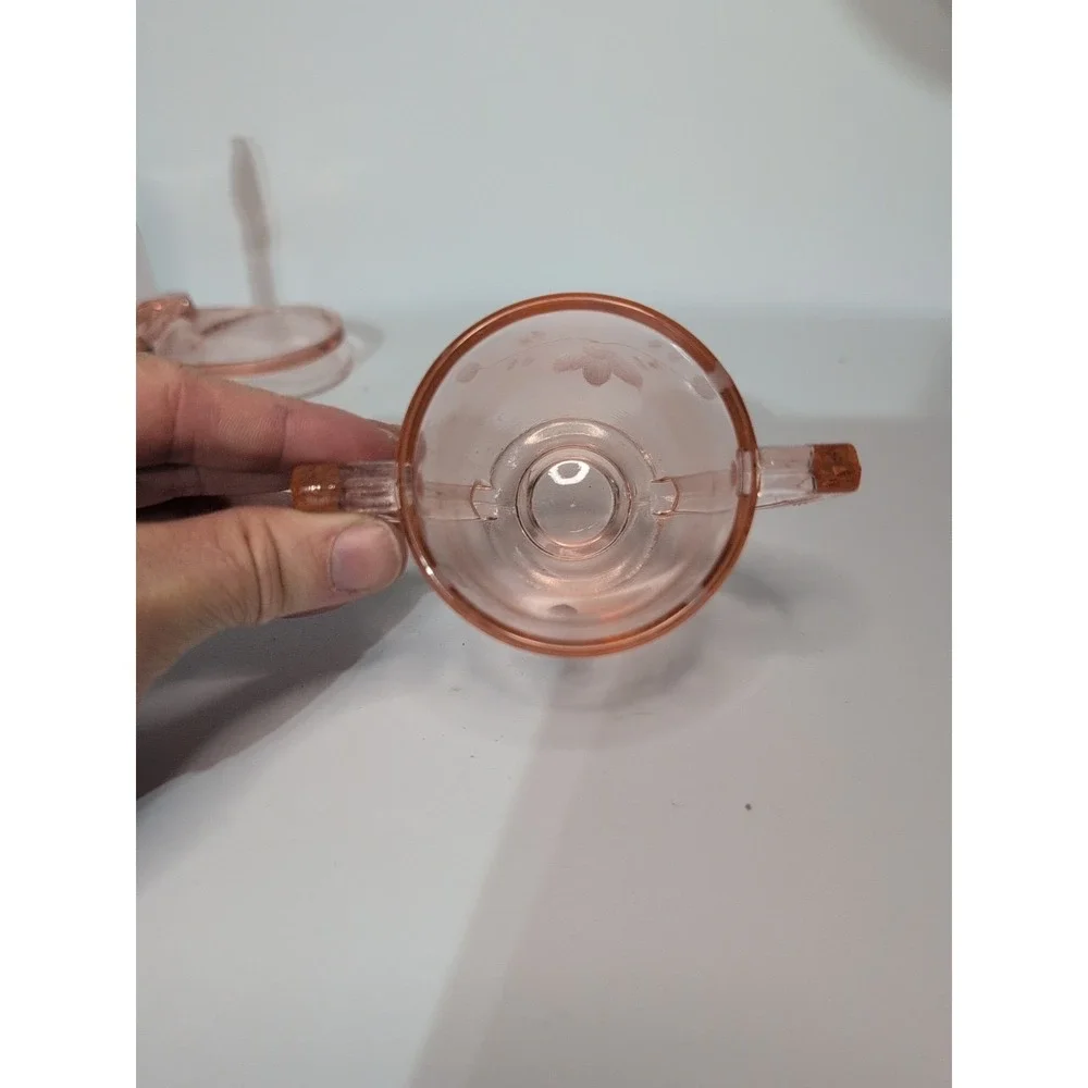 Pink Depression Etched Glass 3-Piece Set: Sugar, Creamer, &  tray coffee tea